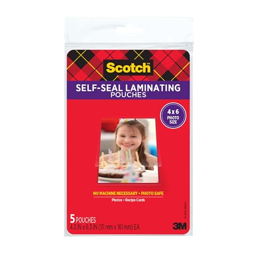 Scotch Self-Sealing Laminating Pouches, Gloss Finish, Photo Size 4 x 6 Inches, 5/Pack - size: 1 Pack