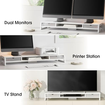 Fenge Dual Monitor Stand Riser, 42.5in Desk Shelf with 2 Drawers, White - color: White