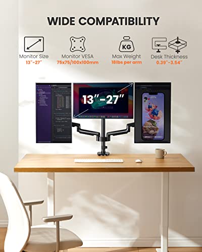 ErGear Triple Monitor Mount for 13-27 inch Screens, Triple Monitor Arms with USB, Heavy Duty Three Monitors Stand with Tilt, Swivel, Rotation, Holds Up to 17.6 lbs Each Arm - size: 13-27 Inch, style: with USB
