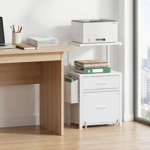 HIGDBFE File Cabinet with 2 Fabric Drawers & Dual Shelves, White | 2-Tier Printer Storage, Letter File Drawer, Reversible Side Bag, Smooth Drawer Slides, Rolling Support Board Prevent Collapse - color: White