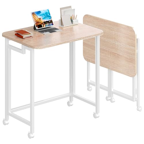 4NM 23.6" Mobile Small Rolling Computer Desk, Folding Laptop Cart Table with Wheels, Portable Office Desk for Small Space Couch Bed - Natural and White - color: Natural and White, size: 23.6"