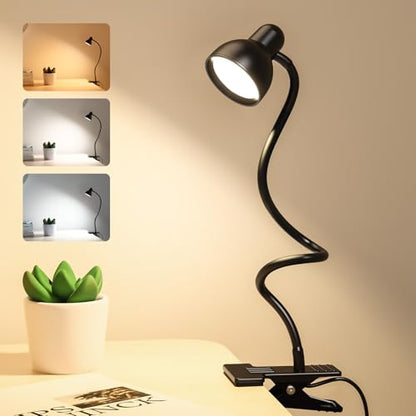 Clip on Light Reading Light for Bed 3 Color Modes Black | 10 Dimmable Brightness Eye Care Clamp Desk Lamp 360° Flexible Desk Book Light for Reading Bed Headboard Computer - color: Black