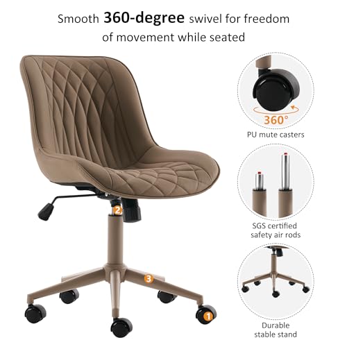 YOUNIKE Faux Leather Office Desk Chair Comfy Vanity Chair Armless Khaki | Ergonomic Upholstered Rocking Back, Swivel with Wheels, Height Adjustable, Modern Task Chair For Computer Sewing Drafting - color: All Khaki