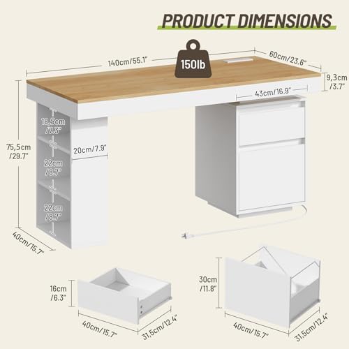 55'' Modern Executive Desk with Drawers, Wooden Computer Desk with File Drawer and Charging Station, 3-Tier Open Side Shelf for Home Office and Living Room, Natural and White
