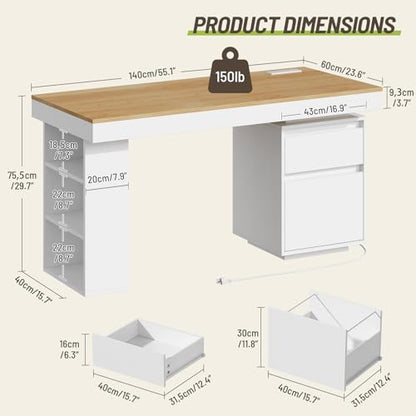 55'' Modern Executive Desk with Drawers, Wooden Computer Desk with File Drawer and Charging Station, 3-Tier Open Side Shelf for Home Office and Living Room, Natural and White