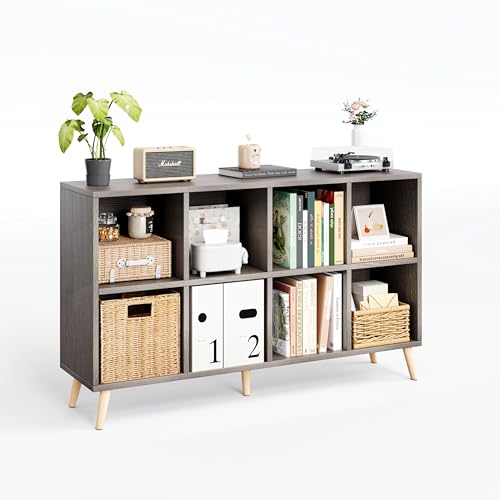 8-Cube Bookshelf 2 Tier Retro Bookcase with Legs, 11in Shelf Opening, 47" Wood Bookshelves Storage Organizer Shelf, Freestanding Open Book Shelves for Bedroom Living Room Office,Grey Oak - color: Grey Oak, size: 8-Cube