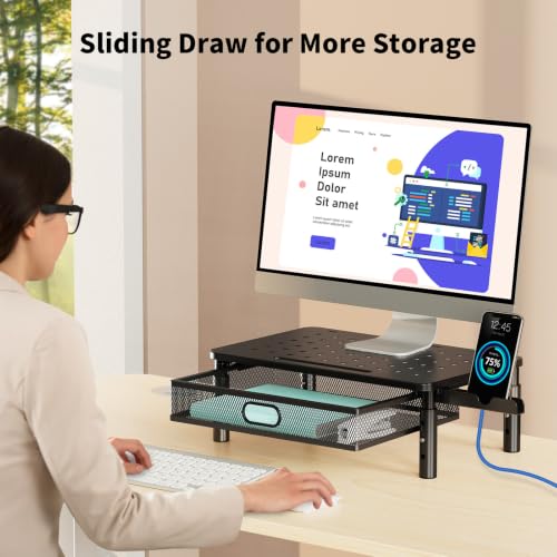 Zimilar 2 Pack Monitor Stand Riser with Metal Drawer, 3 Height Adjustable | Monitor Riser with Phone Holder for Printer, Laptop, Premium Metal Computer Monitor Stand with Storage for 2 Monitors