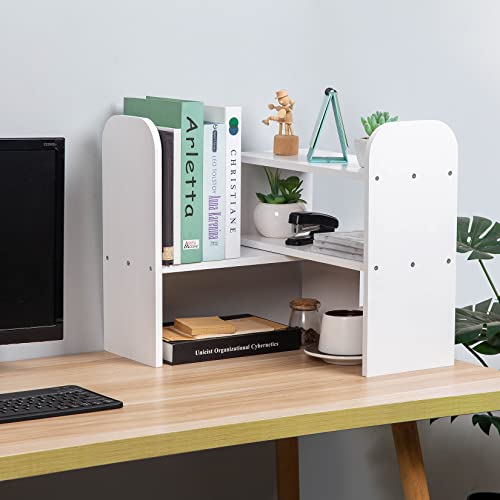 Desktop Adjustable Natural Wood Book Shelf Organizer Office Storage Rack Display Stand Caddy Set Expandable Desk Organizer (White) - color: White