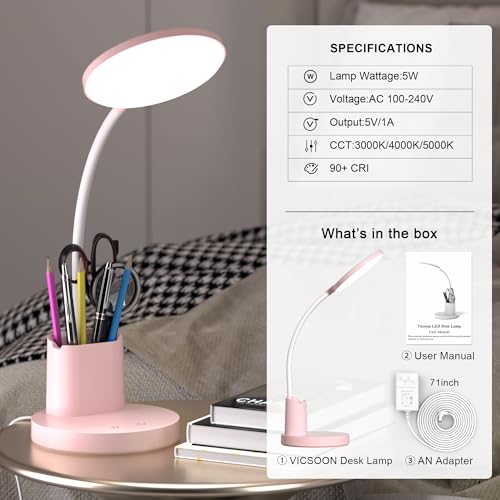 LED Desk Lamp for College Dorm with Pen Phone Holder, Pink - color: Pink