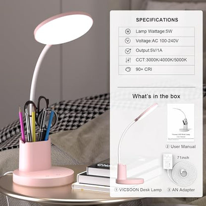 LED Desk Lamp for College Dorm with Pen Phone Holder, Pink - color: Pink