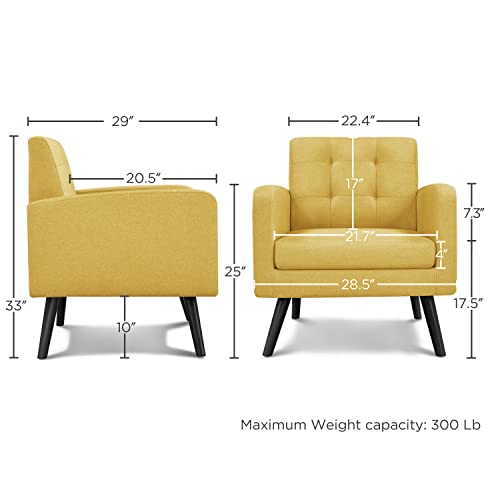 Yaheetech Mid Century Accent Chair Living Room Chair Yellow | Linen-Like Upholstered Sillones Para Sala, Modern Reading Nook Chair, Button Tufted Back, Rubberwood Legs, Bedroom Office - color: Yellow, size: set of 1