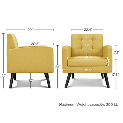 Yaheetech Mid Century Accent Chair Living Room Chair Yellow | Linen-Like Upholstered Sillones Para Sala, Modern Reading Nook Chair, Button Tufted Back, Rubberwood Legs, Bedroom Office - color: Yellow, size: set of 1