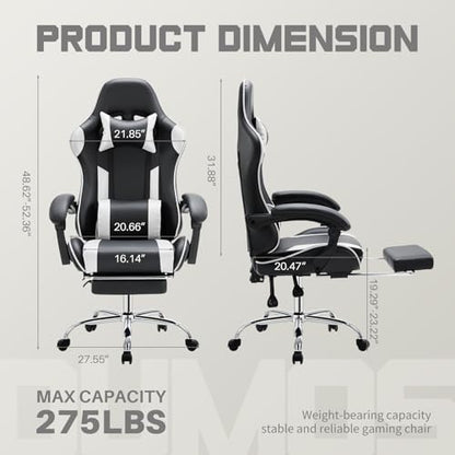DUMOS Ergonomic Gaming Chair with Footrest, Computer Video Game Chair | Comfy Headrest, Height Adjustable, Linkage Armrests, PU Leather, 360° Swivel Recling, Black White - color: Black White, size: PU Leather 27"D x 25"W x 52"H