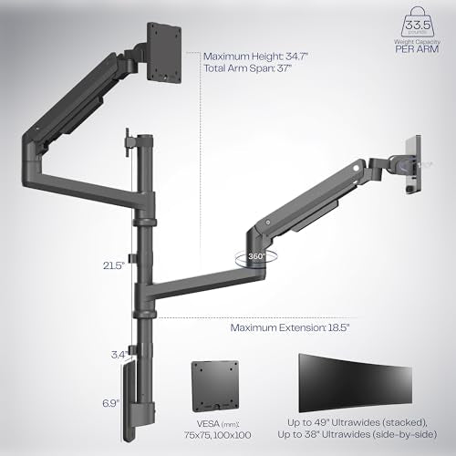 VIVO Pneumatic Arm Dual Ultrawide Monitor Wall Mount for Up to 49 inch Screens, Holds 2 Ultra Wides Up to 33.5 lbs Each, Black, MOUNT-V120K - size: Dual Mount, style: Wall Mount