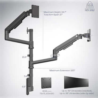 VIVO Pneumatic Arm Dual Ultrawide Monitor Wall Mount for Up to 49 inch Screens, Holds 2 Ultra Wides Up to 33.5 lbs Each, Black, MOUNT-V120K - size: Dual Mount, style: Wall Mount