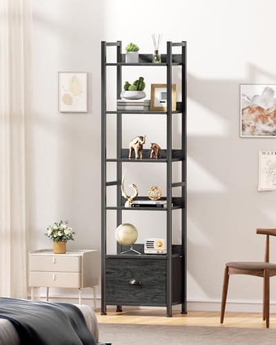 Furologee 6 Tier Bookshelf, Tall Shelf with Drawer, Wood and Metal Bookshelves Storage Organizer, Industrial Display Shelving Unit for Bedroom, Living Room, Home Office, Black Oak - color: Black Oak, size: 6 Tier -1 PCS