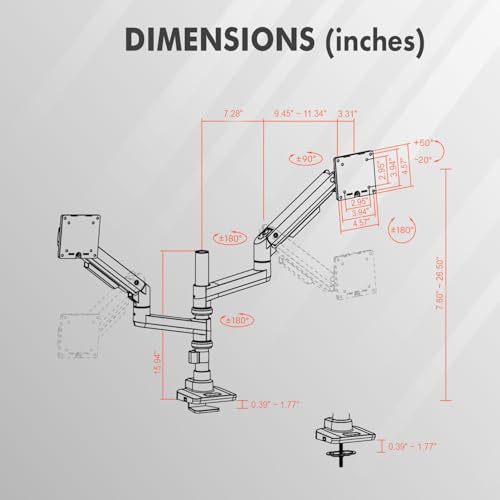 Dual Monitor Arm, 17-49 Inch, Holds 44 lbs Each