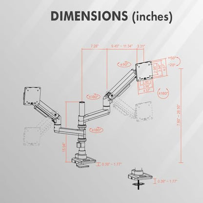Dual Monitor Arm, 17-49 Inch, Holds 44 lbs Each