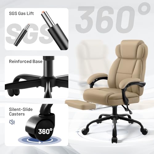 Ergonomic Office Chair with Footrest,PU Leather Executive Desk Chair Padded Linkage Armrests,Lumbar Support,Swivel Computer Chair for Home Office & Gaming,Khaki - color: Khaki
