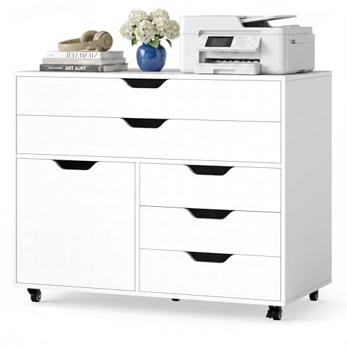POWERSTONE Rolling File Cabinet 5-Drawer & One Side Door Storage Unit, Wood Printer Stand Drawer Cabinet with 5 Metal Wheels(2 Self-Locking) for Home Office, White - color: White