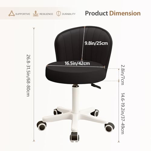 Small Round Rolling Desk Chair Armless Comfy Vanity Computer Chair with Low Backrest PU Leather Height Adjustable Swivel Work Spa Chair - color: Black, style: Set of 2 with backrest