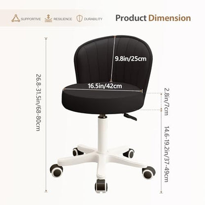 Small Round Rolling Desk Chair Armless Comfy Vanity Computer Chair with Low Backrest PU Leather Height Adjustable Swivel Work Spa Chair - color: Black, style: Set of 2 with backrest