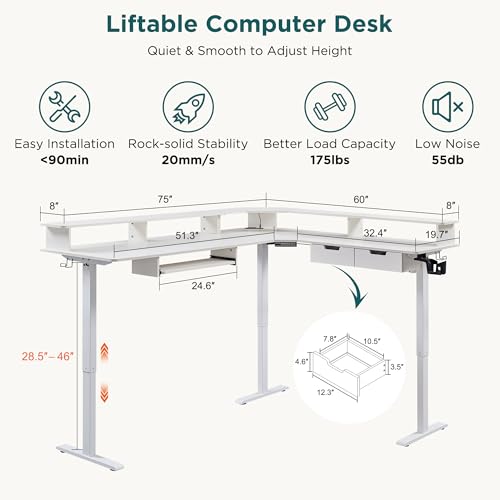 RedLemon 75x60 Inches L Shaped Electric Standing Desk 2 Tier, Antique White - color: Antique White, size: 75"X60"