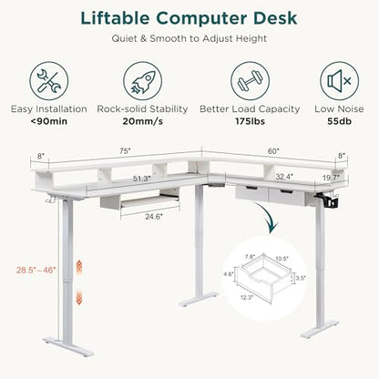 RedLemon 75x60 Inches L Shaped Electric Standing Desk 2 Tier, Antique White - color: Antique White, size: 75"X60"