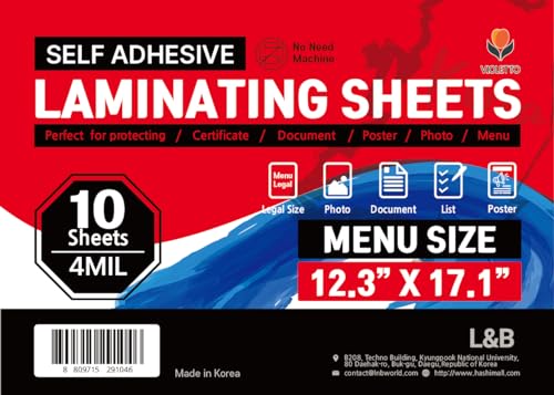 Self-Adhesive Laminating Sheets, No Heat, 12.3x17.1 in, 4 Mil, 10 Pack | Menu size sheets with a clear glossy finish for menus, posters, certificates and ID cards at home, school or work. - size: Menu Size 10Pack