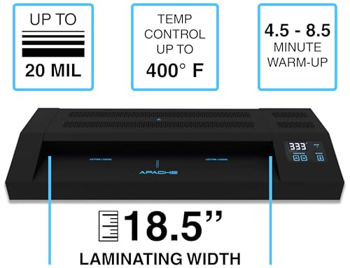 Apache Professional Laminator, Thermal Pouch, 18.5 Inch Max Width, 1.5-20 Mil, True Anti-Jam Technology, School & Office Lamination Machine, Variable Temperature, Fast Output, Robust Design - color: 18" Black