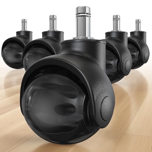 HOLKIE Office Chair Wheels Replacement 11x22mm Universal Fit 2 Inch Rubber Heavy Duty Casters for Carpet Hardwood Floors Gaming Desk Chair Roller Wheels Set of 5 Black Ball Casters Smooth & Silent - color: Black