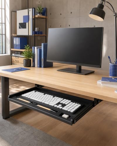 jojofuny Under Desk Keyboard Tray, Slide-Out Drawer with Pen Organizer - color: Black, size: 51.50X27.00X3.50CM
