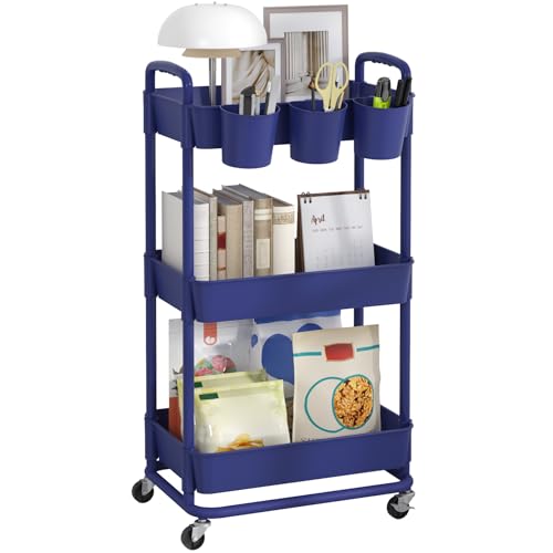 3-Tier Plastic Rolling Storage Cart Utility Cart Blue | Utility Cart with Extra Hanging Cups Arc-Shaped Handles Lockable Wheels for Living Room Bathroom Kitchen Office - color: Blue, size: 3-Tier