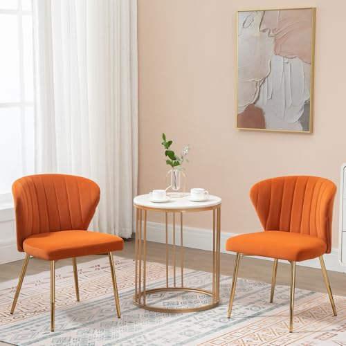 Velvet Dining Chairs Set of 2, Modern Upholstered Vanity Chairs with Golden Metal Legs for Dining Room Kitchen Vanity Patio (Orange) - color: Orange