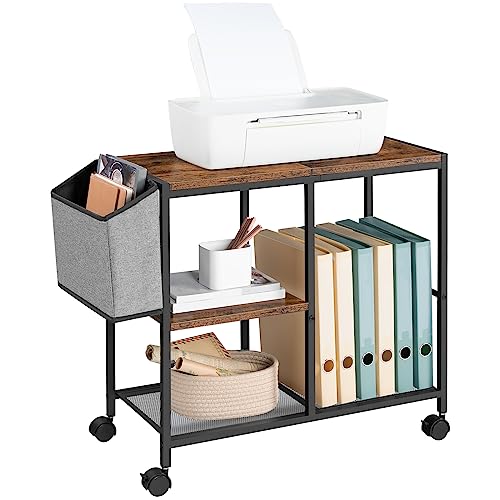 MAHANCRIS Printer Stand with Storage Bag, 3-Tier Mobile Under Desk Printer Cart with Wheels, Wood Rolling Printer Table, Organizer Shelf for Study, Office, Living Room, Rustic Brown PTHR2201 - color: Rustic Brown