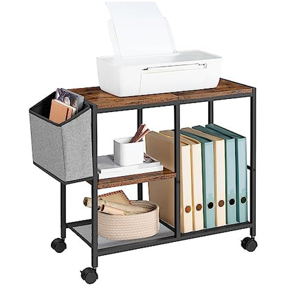 MAHANCRIS Printer Stand with Storage Bag, 3-Tier Mobile Under Desk Printer Cart with Wheels, Wood Rolling Printer Table, Organizer Shelf for Study, Office, Living Room, Rustic Brown PTHR2201 - color: Rustic Brown