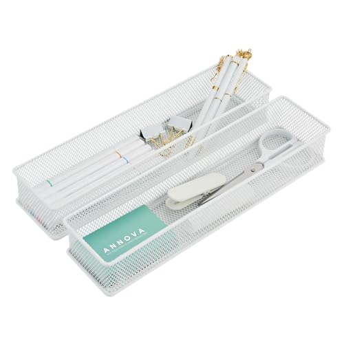 Annova Mesh Stackable Drawer Cabinet and Shelf Organizer Bins Storage Basket School Office Supply Holder Tray- Set of 2 (White, 3x12x2 Inch) - color: White, size: 3x12x2 Inch