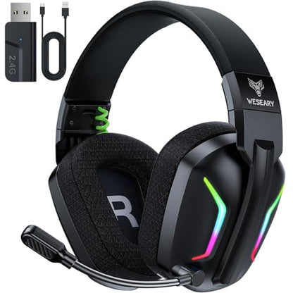 WESEARY Wireless Gaming Headsets for PC, PS5, PS4, Switch, Mac, 2.4GHz Wireless Gaming Headphone with ENC Noise Canceling Microphone, Bluetooth 5.4, Cool Lighting, 50H Battery, 50mm Drivers - color: Cool Black
