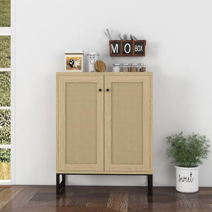 Panana Rattan Decorated 2 Doors Storage Cabinet Accent Cabinet Living Room Cupboard Kitchen Sideboard Buffet Table (Natural)