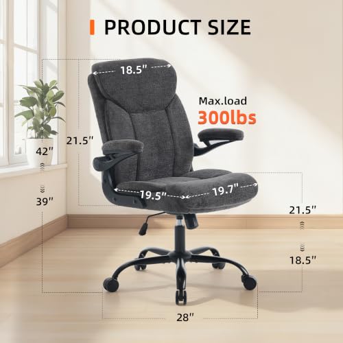 Ergonomic Home Office Chair Fabric Comfy Computer Chair, Grey | Flip-up Armrest, Height Adjustable, Lumbar Support, 360° Swivel Wheels Managerial Executive Chairs for Work Gaming Home Use - color: Grey