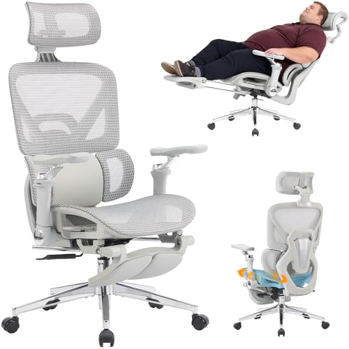 Ergonomic Office Chair with Footrest, High Back Mesh Computer Chair with Lumbar Support, 5-Level Backrest Height, 6D Flip-Up Arms for Home & Gaming Desk (Gray Mesh 3-Zone Lumbar Support+6d Armrest)