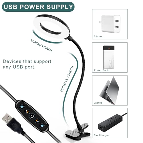 LED Desk Lamp with Clamp, 3 Color Modes, 10 Brightness | Eye-Caring Reading Light, Flexible Gooseneck, USB Powered, Dimmable, Clip On Design