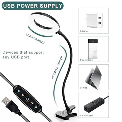LED Desk Lamp with Clamp, 3 Color Modes, 10 Brightness | Eye-Caring Reading Light, Flexible Gooseneck, USB Powered, Dimmable, Clip On Design