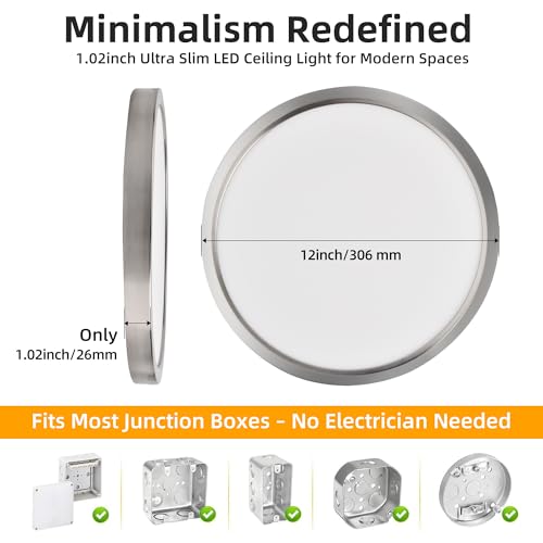 Hlite 12 Inch Flush Mount LED Ceiling Light,2400LM,3CCT,4 Pack | 24W 3000K/4000K/5000K Selectable,Low Profile Ceiling Light Fixtures for Kitchen Bedroom Hallway Laundry Room Closet,Nickel - color: Brush Nickel, size: 12 inch-4