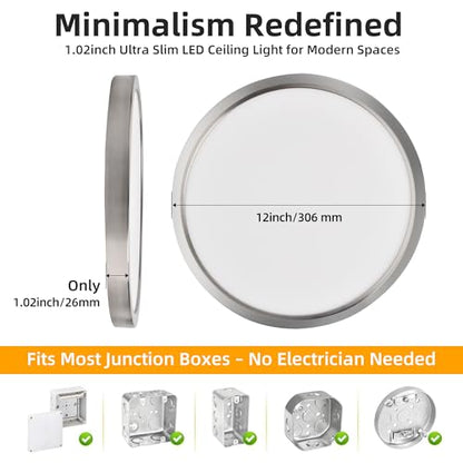 Hlite 12 Inch Flush Mount LED Ceiling Light,2400LM,3CCT,4 Pack | 24W 3000K/4000K/5000K Selectable,Low Profile Ceiling Light Fixtures for Kitchen Bedroom Hallway Laundry Room Closet,Nickel - color: Brush Nickel, size: 12 inch-4