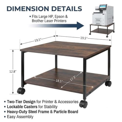 2-Tier Under Desk Printer Stand, 19.5" x 19.5" Large Rolling Printer Cart - color: Wood, size: 2-Tier