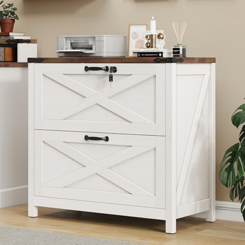 Halitaa Farmhouse Lateral File Cabinet with 2 Drawers, White and Brown - color: Rustic White and Brown, size: 2 Drawers