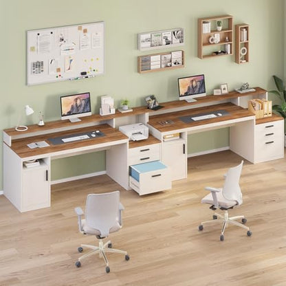 65" Computer Desk with 3 Drawers & Printer Shelf for Home Office | Office Desk with Printer Shelf & File Drawer, Executive Desk Writing Study Table with Monitor Stand, Brown & White - color: Antique White