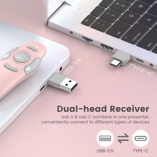 USB Type C Presentation Clicker Wireless Presenter Remote Clicker for PowerPoint Presentations with Red Pointer, PowerPoint Clicker Slide Advancer for Mac/Laptop/Computer/Class/Office - style: Pink