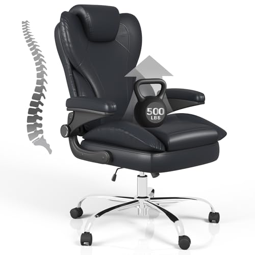 Home Office Chair with Flip-Up Arms, Leather Executive Desk Chair, Black | Ergonomic Lumbar Support, 500 LBS Capacity, Memory Foam Seat, Adjustable Height, 360° Swivel Casters for Work Study - color: Black